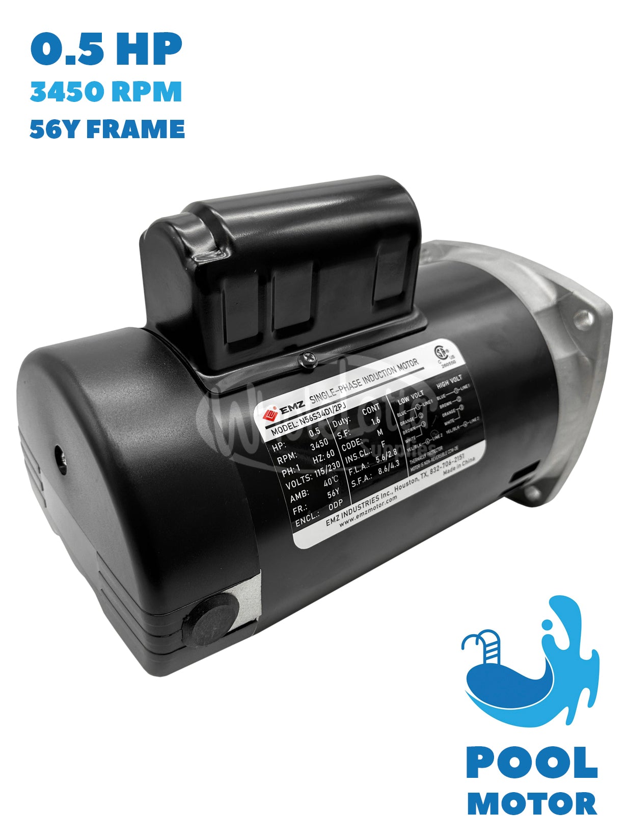 0.5HP Pool Pump EMZ-005PJ Electric Motor 3450RPM, 56Y Frame, 115/230V 1ph/60hz