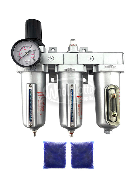 HEAVY DUTY 1/2″ NPT 3 Stage Filter Industrial Grade Regulator Coalescing Desiccant Dryer System w/ Manual Drain