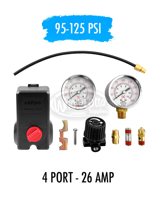 LEFOO Heavy Duty 4 Port Pressure Switch KIT 95-125 PSI w/ Regulator, Gauge & Safety Valve 26AMP