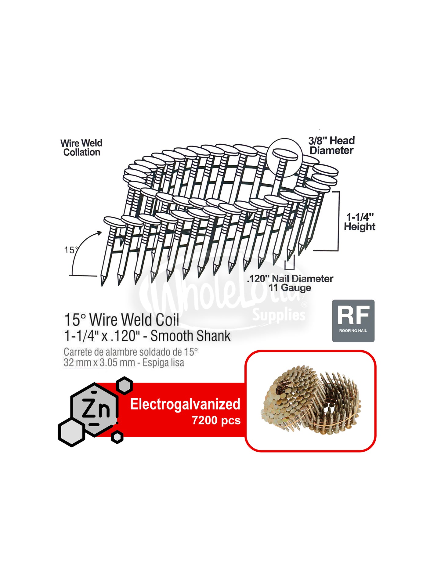 1 1/4" Coil Roofing Nails 15° Wire Ring Smooth Galvanized 7200 pcs