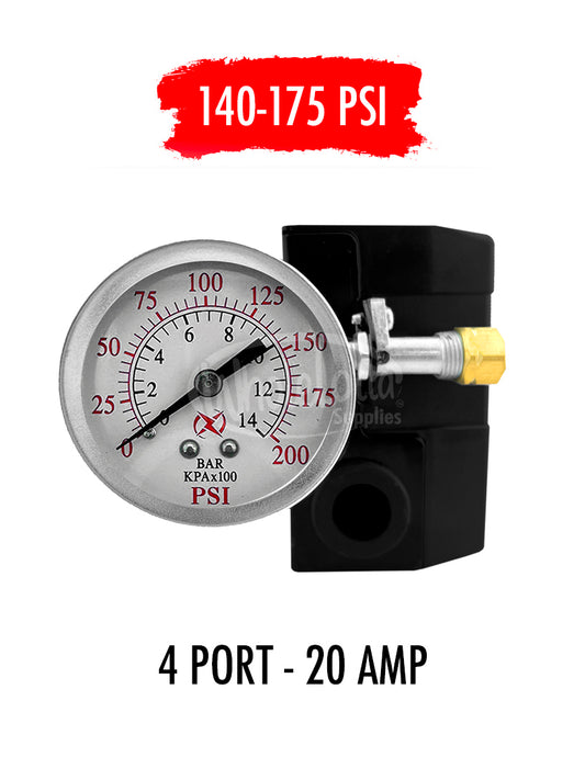 Pressure Switch SET 4 PORT 140-175 PSI w/ Rear Mount Gauge & 200PSI Safety Valve 20AMP