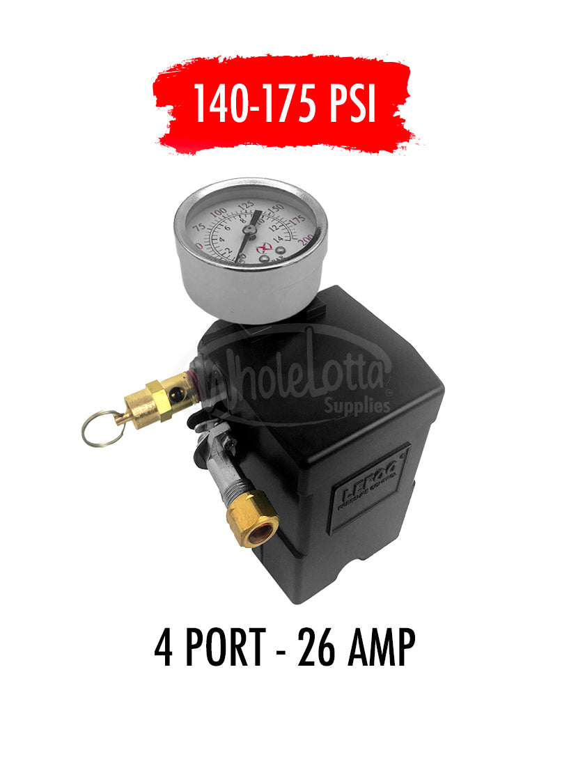 Pressure Switch SET 4 PORT 140-175 PSI w/ Colored Gauge Upside Mount & Safety Valve 26AMP