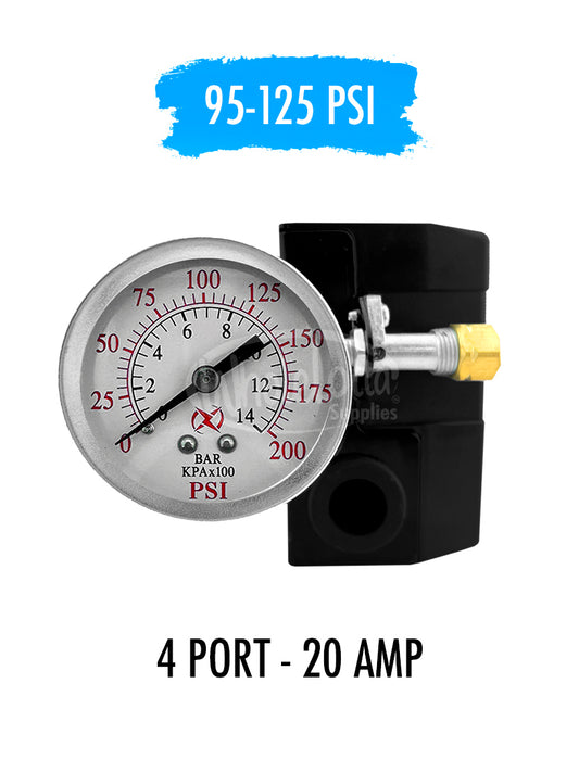 Pressure Switch SET 4 PORT 95-125 PSI w/ Rear Mount Gauge & 150PSI Safety Valve 20AMP