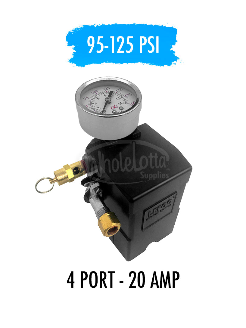 Pressure Switch SET 4 PORT 95-125 PSI w/ Upside Mount Gauge & 150PSI Safety Valve 20AMP