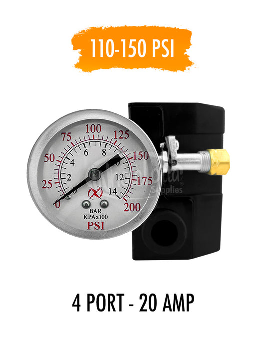 Pressure Switch SET 4 PORT 110-150 PSI w/ Rear Mount Gauge & 165PSI Safety Valve 20AMP