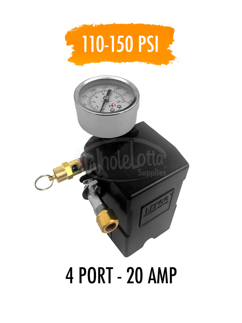 Pressure Switch SET 4 PORT 110-150 PSI w/ Upside Mount Gauge & 165PSI Safety Valve 20AMP