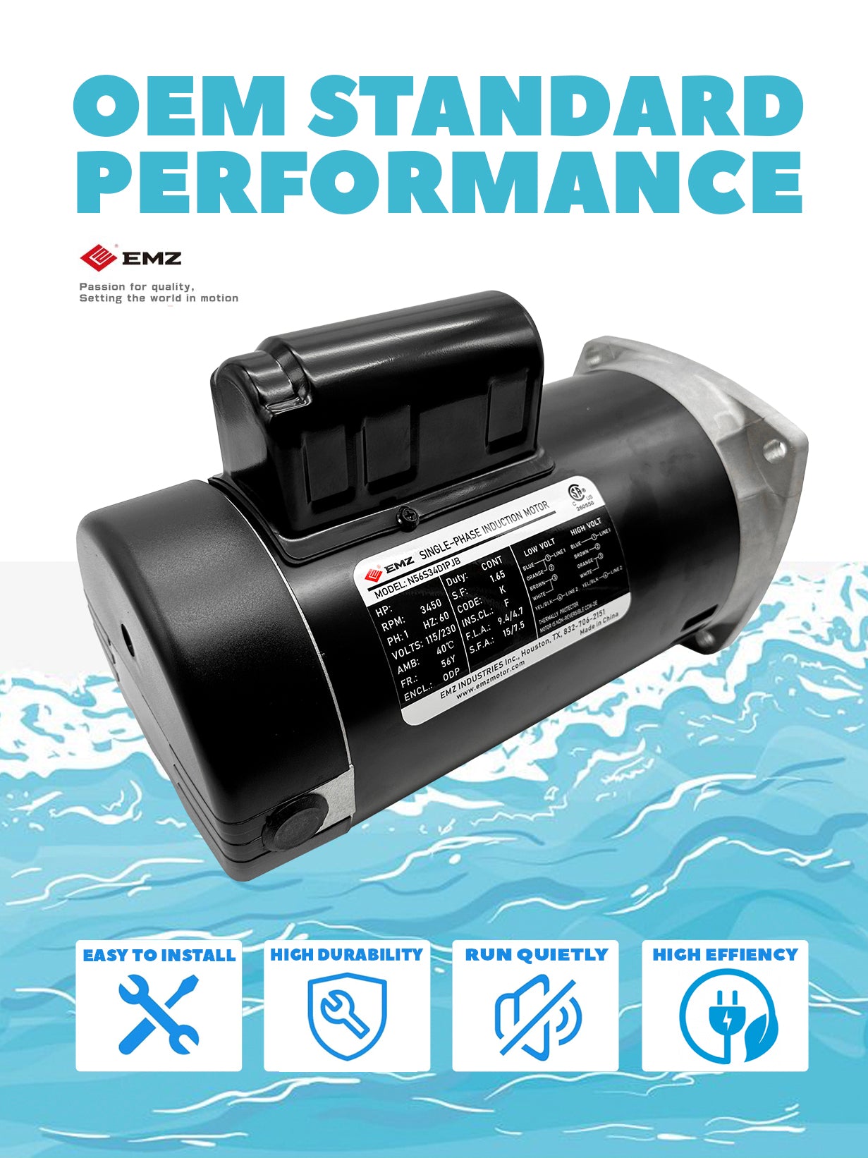 0.5HP Pool Pump EMZ-005PJ Electric Motor 3450RPM, 56Y Frame, 115/230V 1ph/60hz