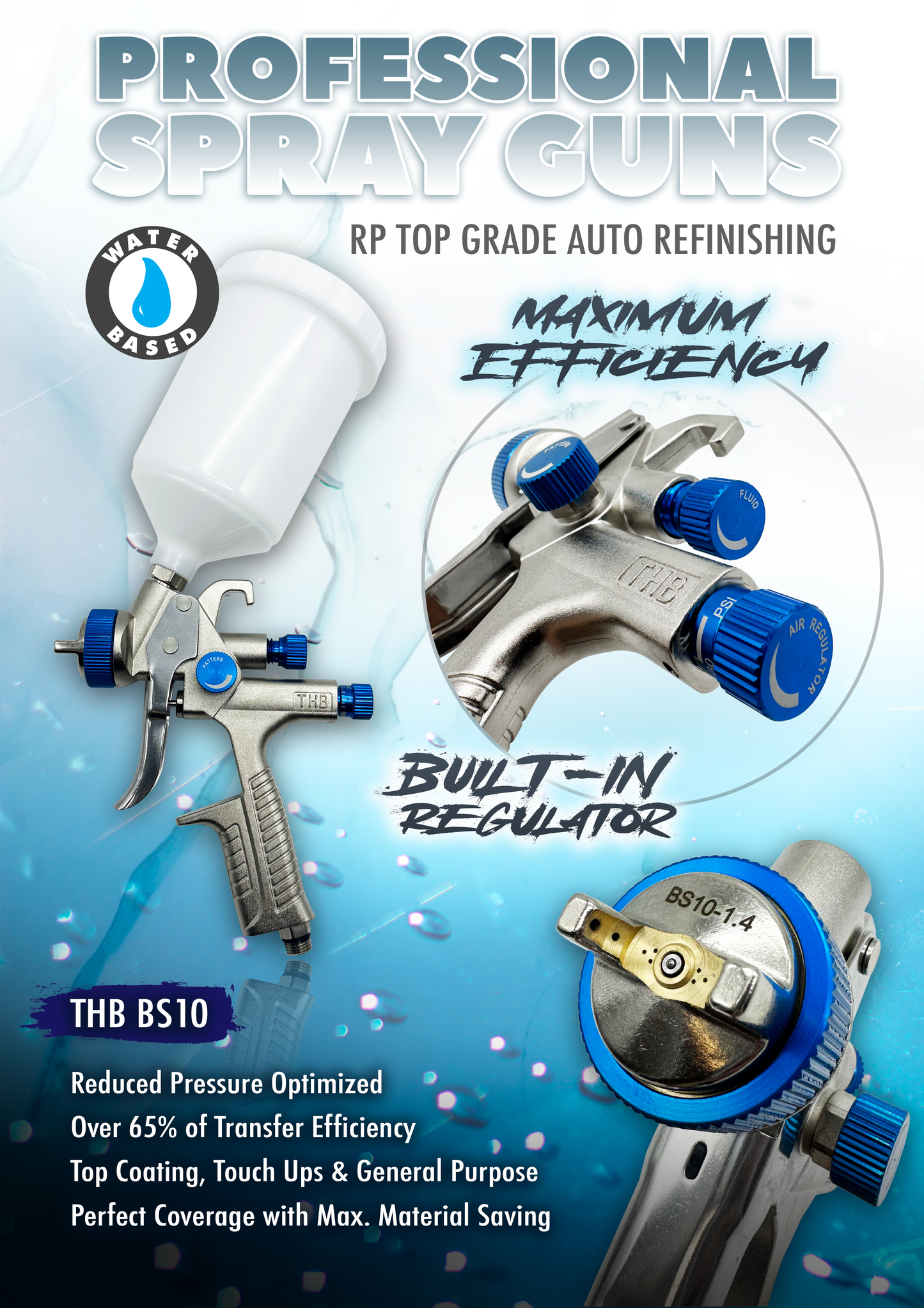 MP Top Grade Auto Refinishing Paint Spray Gun THB BS10 Aluminium 1.8mm Nozzle Water Base w/ Built-in Regulator