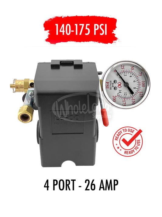 Pressure Switch SET 4 PORT 140-175 PSI w/ Side Mount Gauge & 200PSI Safety Valve 26AMP