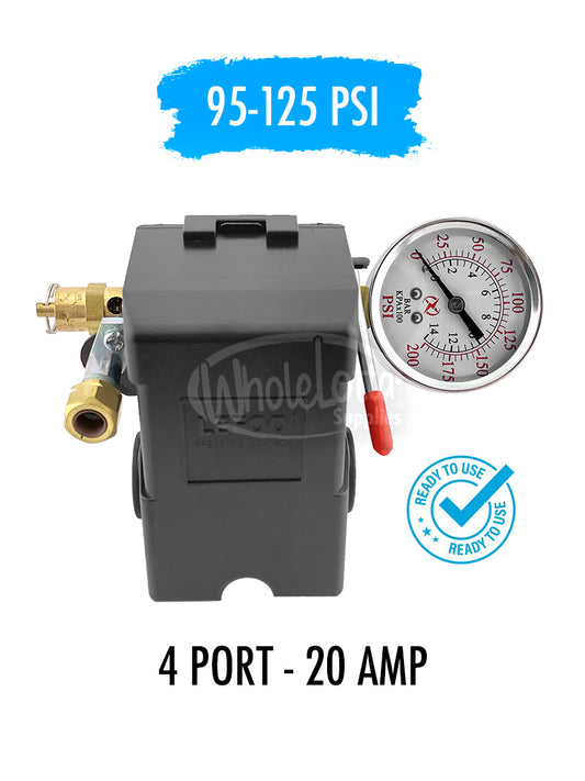 Pressure Switch SET 4 PORT 95-125 PSI w/ Side Mount Gauge & 150PSI Safety Valve 20AMP